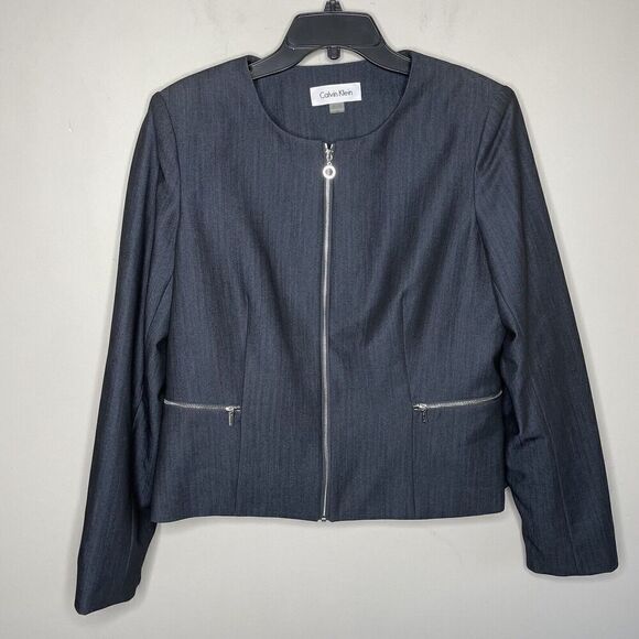 CALVIN KLEIN Blazer Womens 14 Charcoal Full Zip Collarless Zip Pockets - Picture 1 of 9